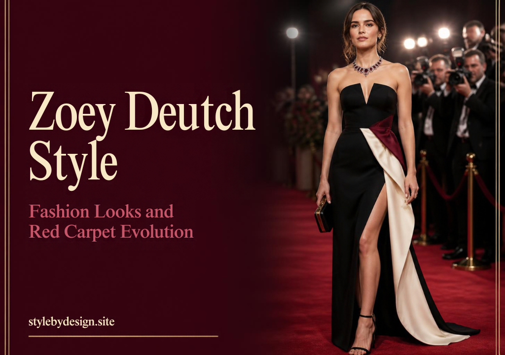 Zoey Deutch-inspired celebrity fashion look in an elegant modern red-carpet setting